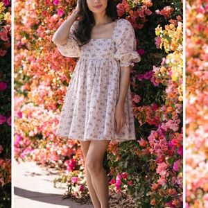 NWT Storia Nude Floral Square Neck Puff sleeve Babydoll Dress Size Large, Womens